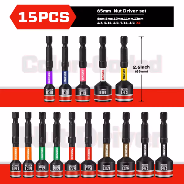 GEINXURN 15 Piece Assorted Impact Nut Driver Set